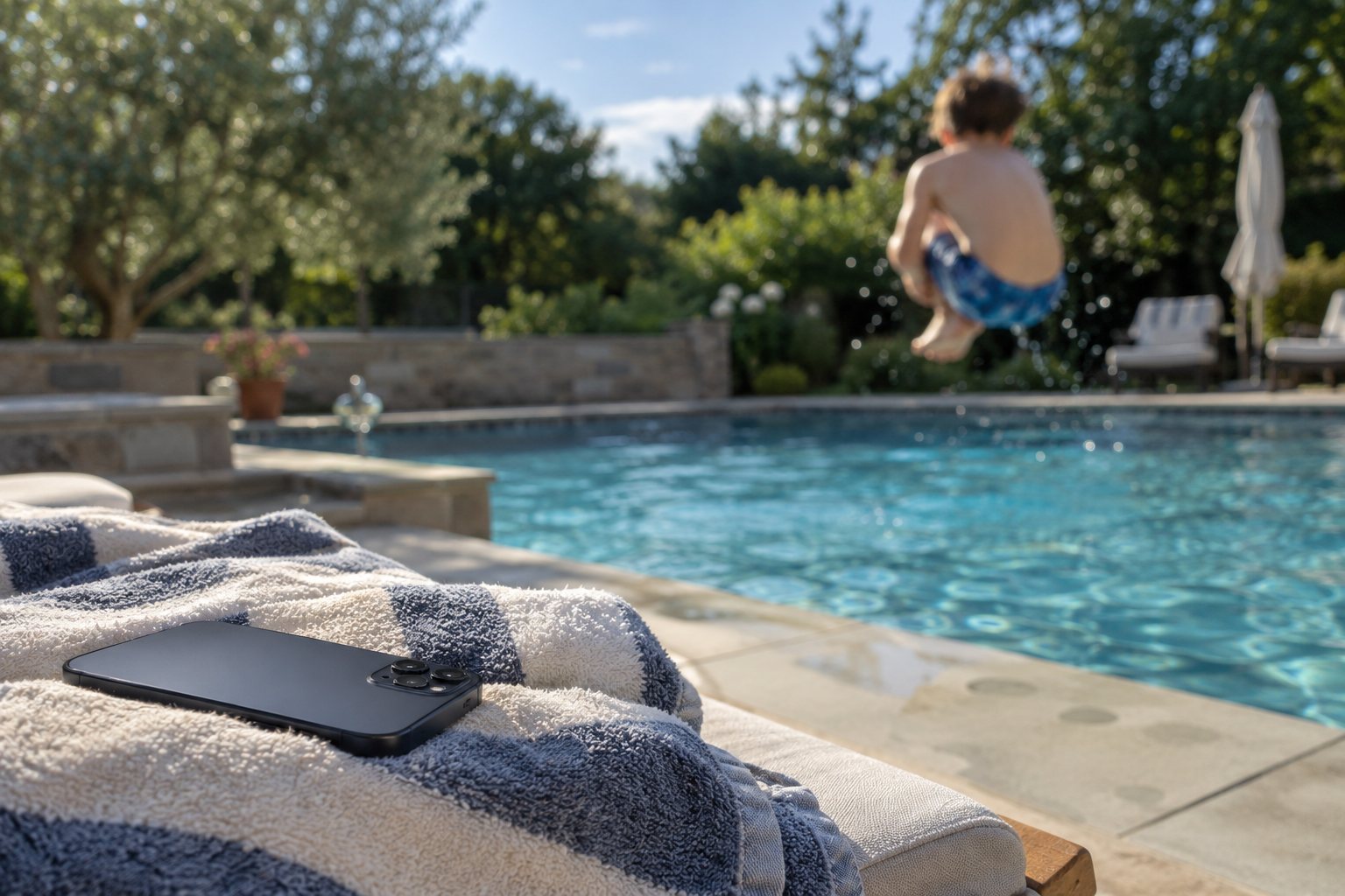 A phone face-down on a striped towel by the pool while a kid cannonballs in
