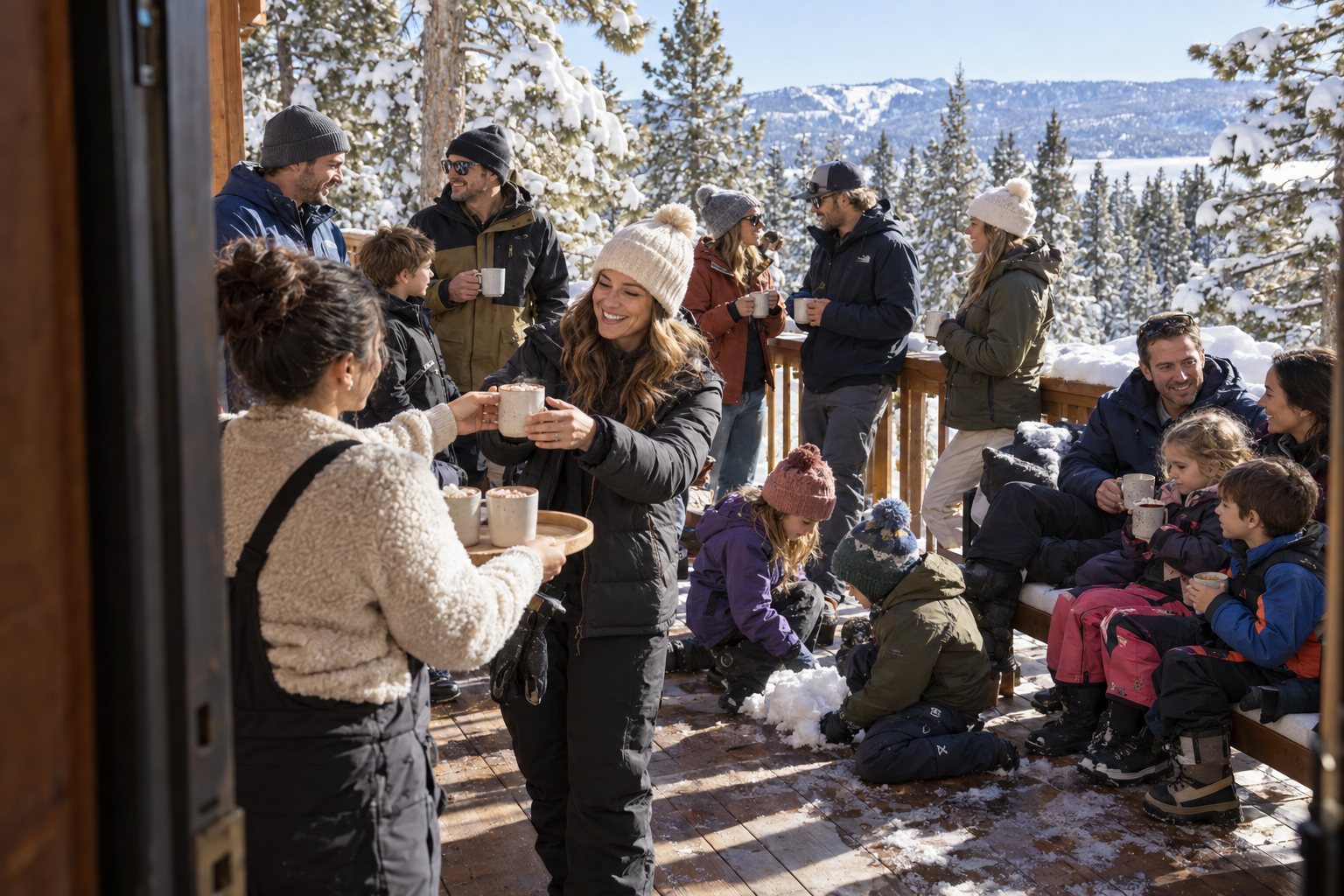 Four families on a snowy cabin deck at Tahoe, passing around hot chocolate