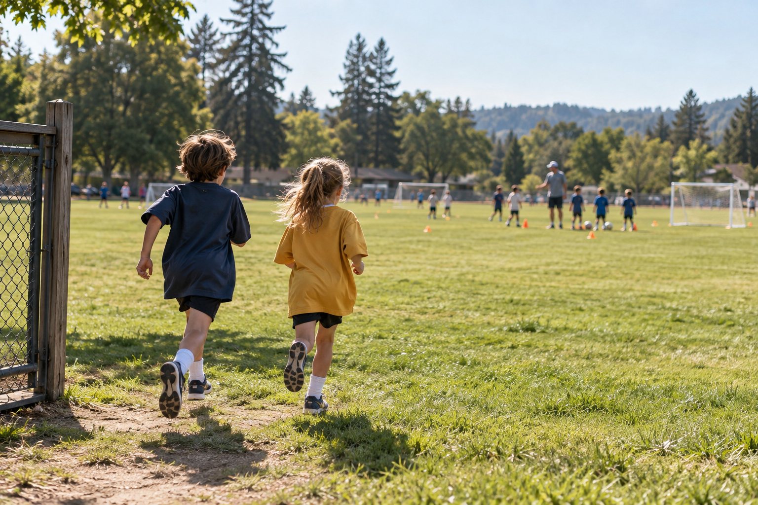 Two kids running onto the field on the first day of soccer camp