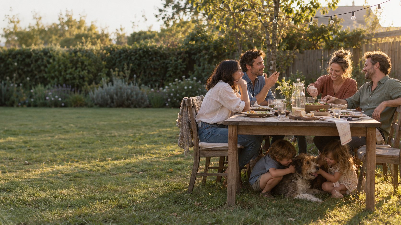 Two families at a long table outside at golden hour, kids and the dog under it